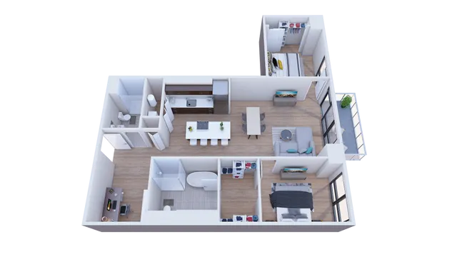 Modern 3D floor plan showcasing a spacious apartment with 2 bedrooms, open-concept living and dining area, stylish kitchen with island, and a cozy balcony view.
