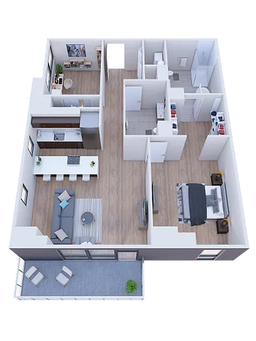 Modern 3D floor plan showcasing a spacious open-concept living and kitchen area, cozy bedroom, stylish bathroom, and inviting balcony.