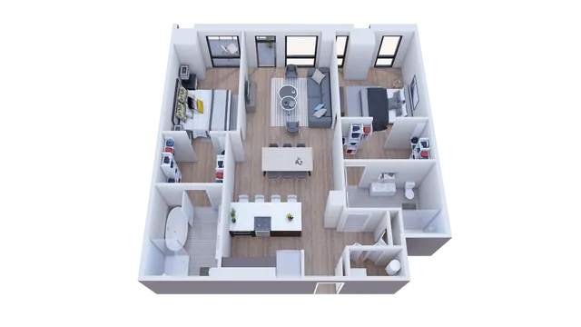 Modern 3D floor plan showcasing two spacious bedrooms, a cozy living area, and a sleek open kitchen design.