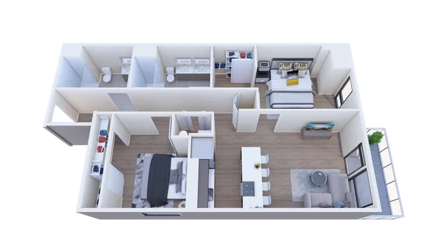 Modern 3D floor plan showcasing 2 bedrooms, open living and dining area, sleek kitchen, and 2 bathrooms with ample natural light.