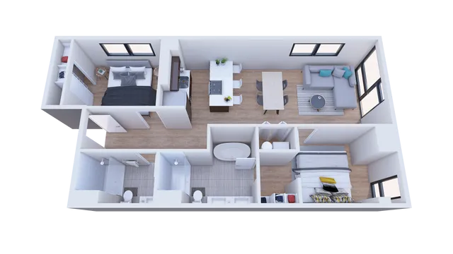 3D floor plan showcasing a modern 2-bedroom apartment with open-concept living room, stylish kitchen, and two sleek bathrooms.