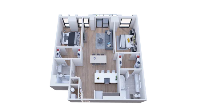 Modern 3D apartment floor plan showcasing 2 bedrooms, open living and dining area, contemporary kitchen, and two bathrooms.