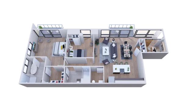 Modern 3D floor plan showcasing a master bedroom with ensuite, stylish open-plan kitchen and dining area, spacious living room, and inviting balcony access.