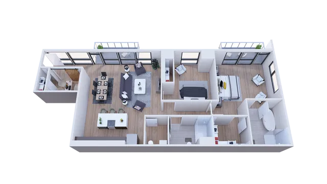 Modern apartment floor plan featuring an open living and dining area, two elegant bedrooms, and a sleek kitchen.