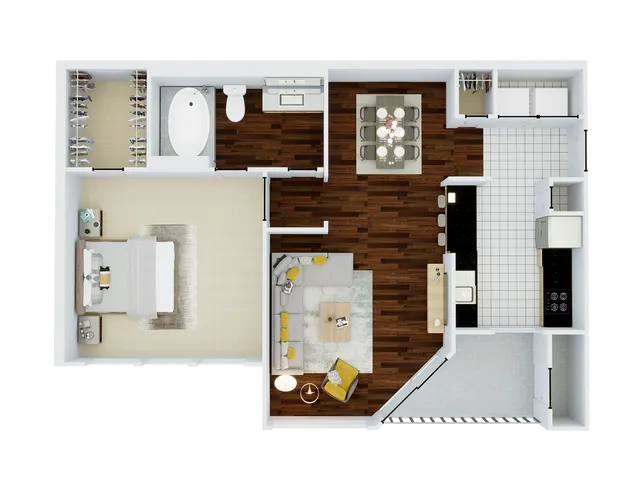 Modern floor plan showcasing a spacious one-bedroom layout with a luxurious bathroom, walk-in closet, open-concept living area, and sleek kitchen design.