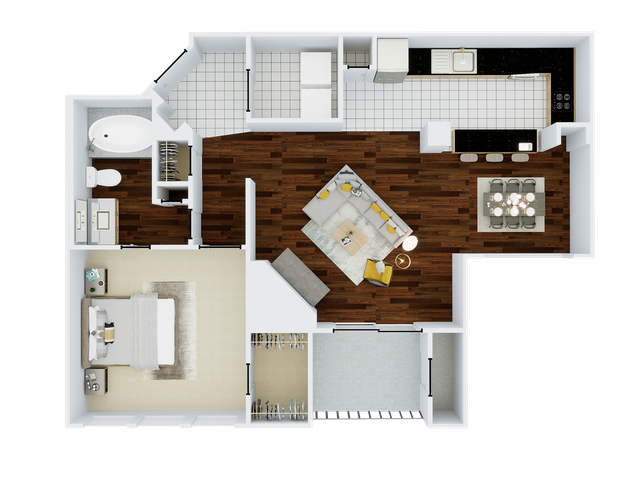 Elegant floor plan showcasing a modern one-bedroom apartment with an open-concept living area, stylish kitchen, spacious bathroom, and cozy dining space.