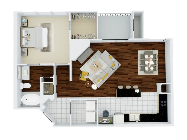 Elegant floor plan showcasing a luxurious single-bedroom apartment with a spacious open-concept living area, modern kitchen, and stylish dining space.