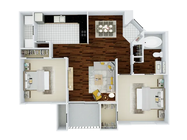 Modern 2D floor plan showcasing a spacious apartment with two cozy bedrooms, a sleek kitchen, open-concept living and dining area, and a stylish bathroom.