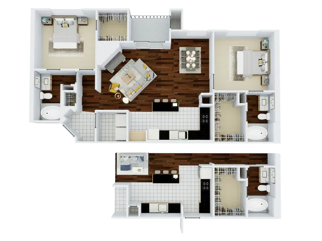 Bright and modern 3D floor plan showcasing two-level design with 3 bedrooms, 2.5 bathrooms, an open-concept kitchen with island, stylish living area, and spacious dining space.