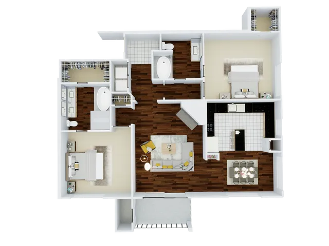 Modern floor plan showcasing 2 spacious bedrooms, an elegant open living room, and a contemporary kitchen with bar seating.