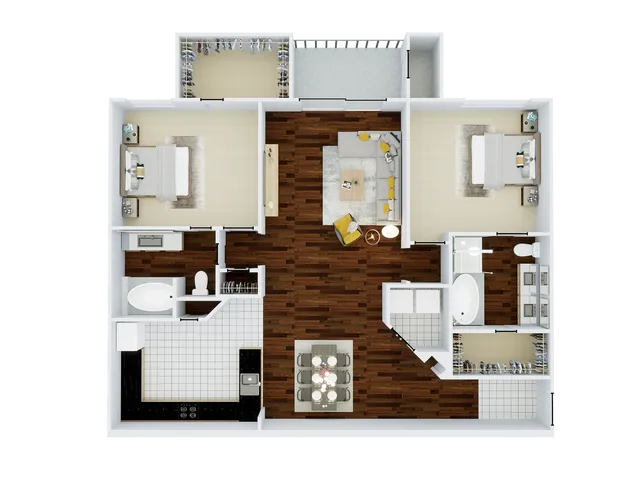 Modern 2D floor plan showcasing two spacious bedrooms, an open living area with stylish furnishings, a sleek kitchen, and elegant bathrooms, designed for comfort and style.
