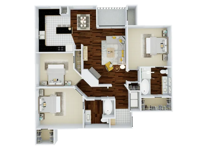 Elegant 3D apartment floor plan featuring 3 spacious bedrooms, an open-concept living and dining area, modern kitchen, and luxurious bathrooms with ample storage.