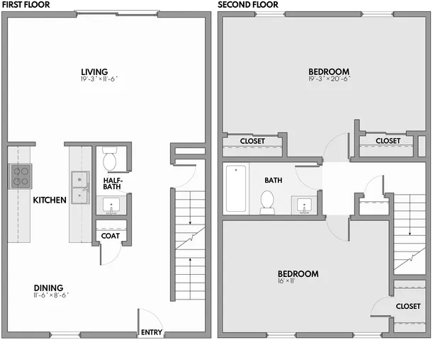 Contemporary two-story floor plan featuring spacious living room, modern kitchen, and dining area on the first floor; two bedrooms with ample closet space and a full bath on the second floor. Ideal for comfortable and stylish living.