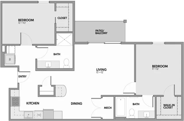 Modern floor plan featuring two bedrooms, an open living area, a sleek kitchen, and a private patio balcony.
