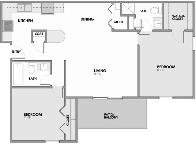 Elegant floor plan featuring 2 bedrooms, spacious living and dining areas, modern kitchen, and a charming patio/balcony.