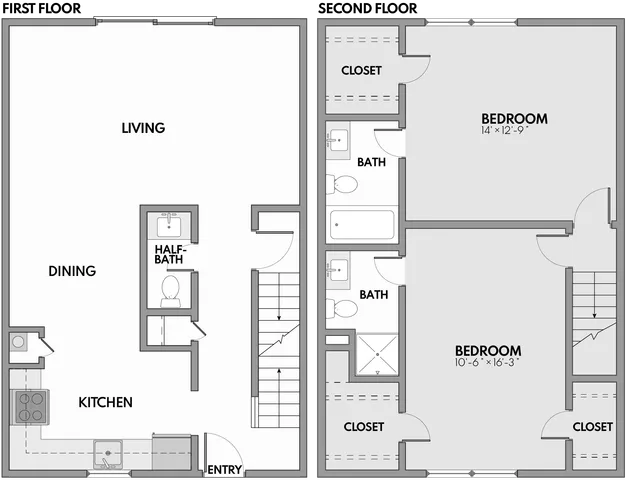 Charming 2-story floor plan featuring an open-concept living and dining area, a modern kitchen on the first floor, and 2 spacious bedrooms each with an en-suite bath and ample closet space on the second floor.