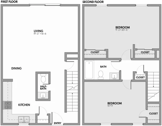 Stylish two-story floor plan featuring an open-concept living and dining area, modern kitchen, two spacious bedrooms with ample closet space, and a convenient half-bath on the first floor.