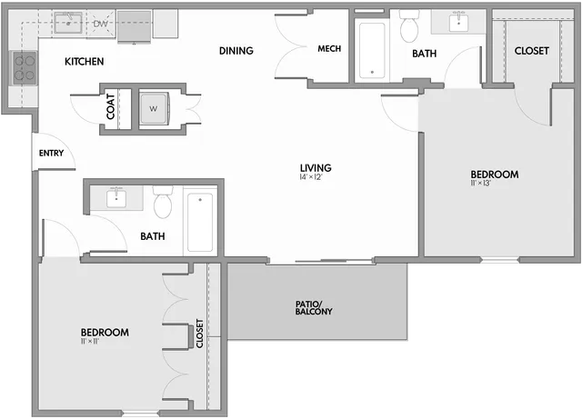 Modern floor plan with two spacious bedrooms, a stylish open-concept living area, and a private patio for relaxation.