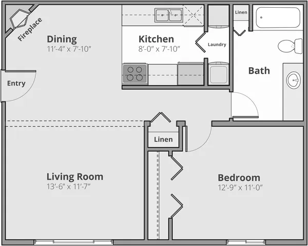 Inviting floor plan with a cozy bedroom, spacious living room featuring a fireplace, efficient kitchen, and convenient bath and laundry areas.