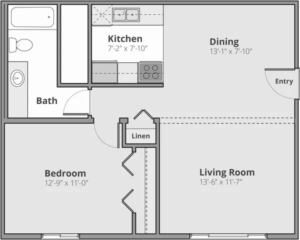 Cozy floor plan featuring a spacious bedroom, open-plan kitchen and dining area, and inviting living room. Includes a modern bath and convenient linen storage.