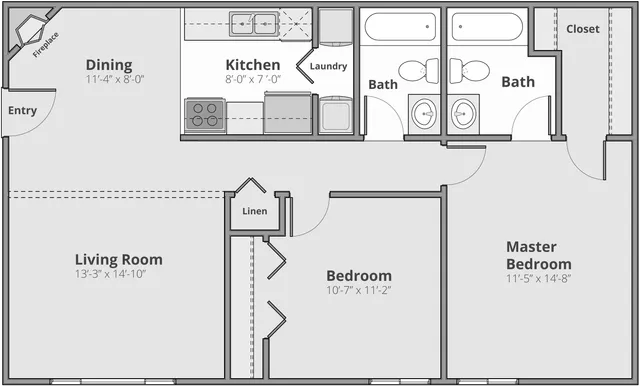 Contemporary floor plan with 2 bedrooms, 2 baths, open living and dining area, kitchen with laundry space, and a cozy fireplace.