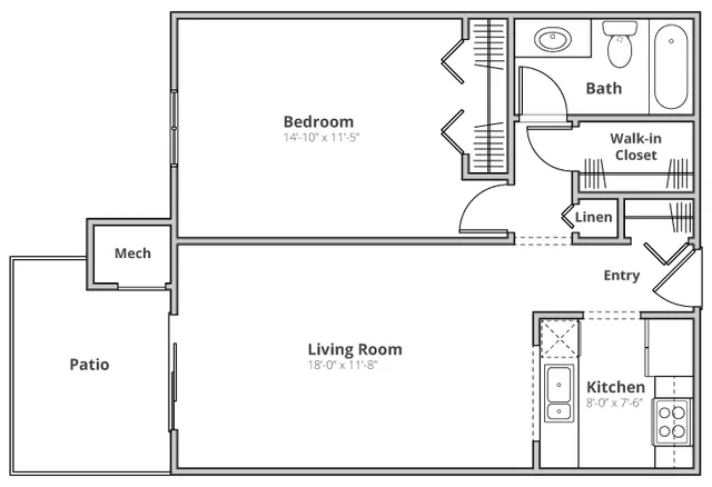 Spacious 2D floor plan featuring a large bedroom, open living room, modern kitchen, bathroom, and a private patio for outdoor relaxation.