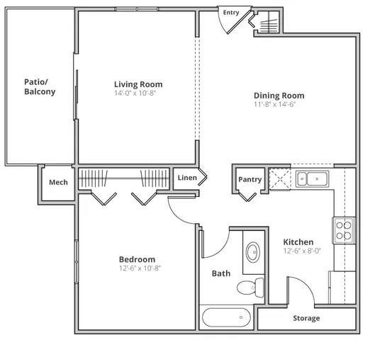 Modern floor plan featuring a spacious living room, dining area, and a bedroom with access to a patio or balcony. Includes a well-equipped kitchen, pantry, and bathroom, ideal for comfortable living.