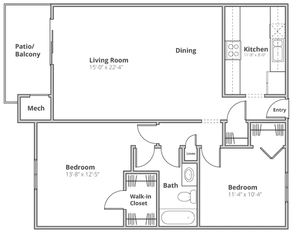 Modern floor plan showcasing 2 spacious bedrooms, an open living-dining area, a sleek kitchen, and a cozy patio.