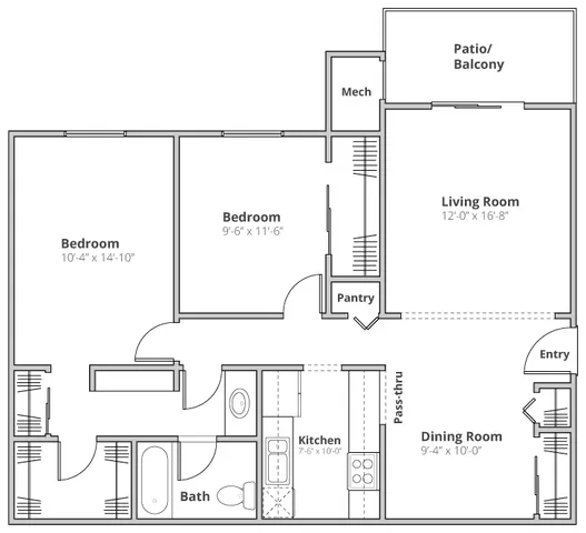 Inviting floor plan showcasing 2 comfortable bedrooms, a spacious living room, modern kitchen, and charming dining area with access to a patio balcony.