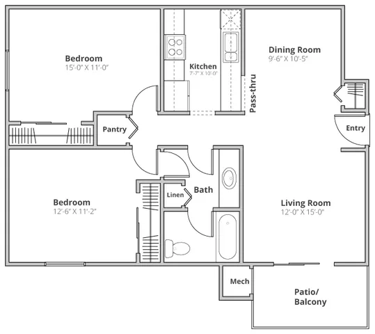 Efficient floor plan showcasing 2 spacious bedrooms, modern kitchen with pantry, elegant dining room, and a living room leading to a private patio.