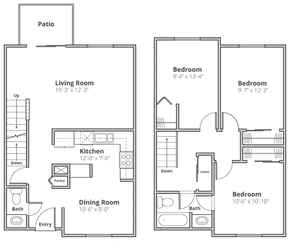 Modern two-story floor plan featuring a spacious living room, gourmet kitchen, dining area, three cozy bedrooms, two elegant bathrooms, and a charming patio.
