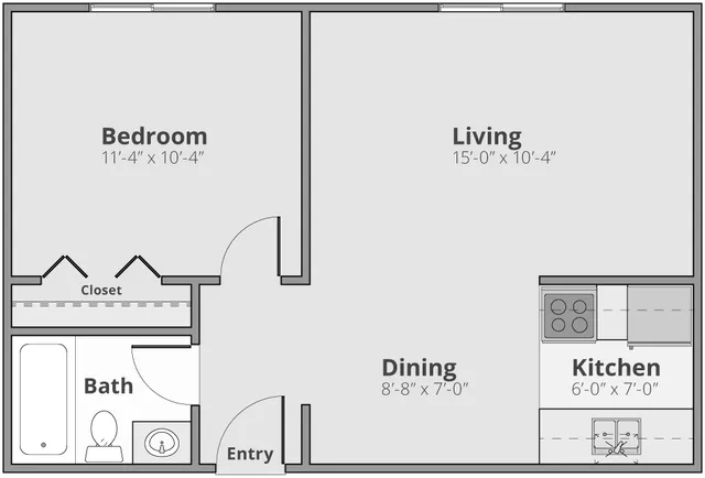 Modern 1-bedroom floor plan featuring spacious living and dining areas with a cozy kitchen, ideal for comfortable urban living.
