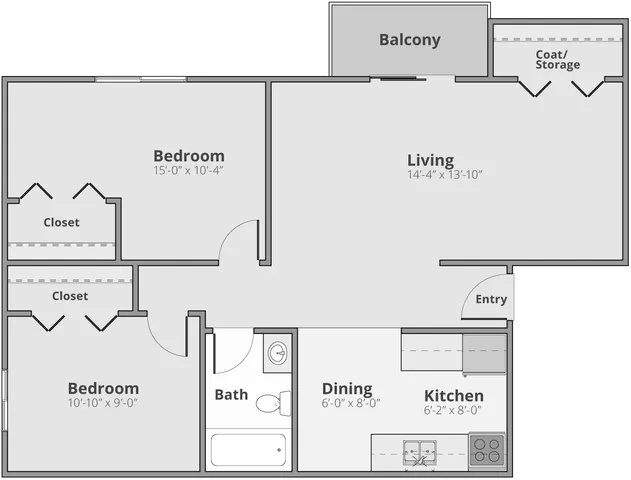 Modern floor plan showcasing a spacious 2-bedroom apartment with a cozy living area, compact kitchen, dining space, and a relaxing balcony.