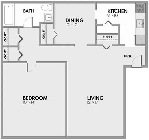 Modern floor plan featuring a spacious bedroom, expansive living area, convenient kitchen, dining space, and well-appointed bath with ample closets.
