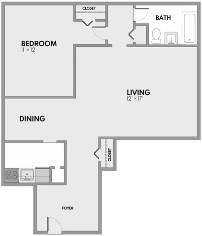 Modern floor plan featuring 1 bedroom, spacious living and dining area, cozy kitchen, and stylish bath with ample closet space.