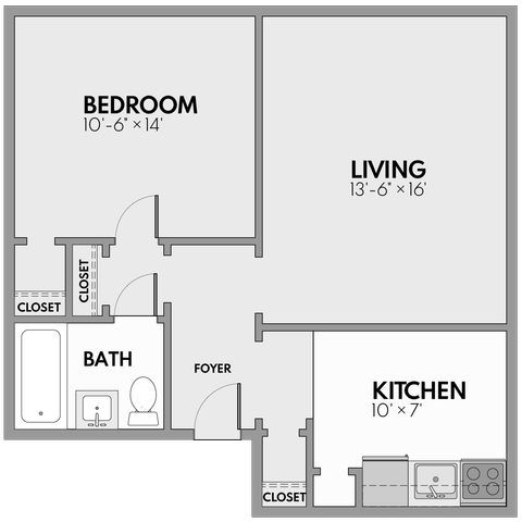 Modern floor plan featuring a spacious bedroom, stylish living area, functional kitchen, and well-appointed bath with ample closet space.