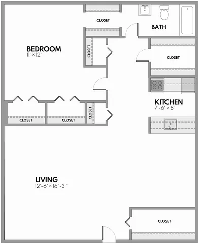 Chic floor plan showcasing 1 bedroom with ample closet space, a modern kitchen, and a spacious living area adjacent to a well-appointed bath.
