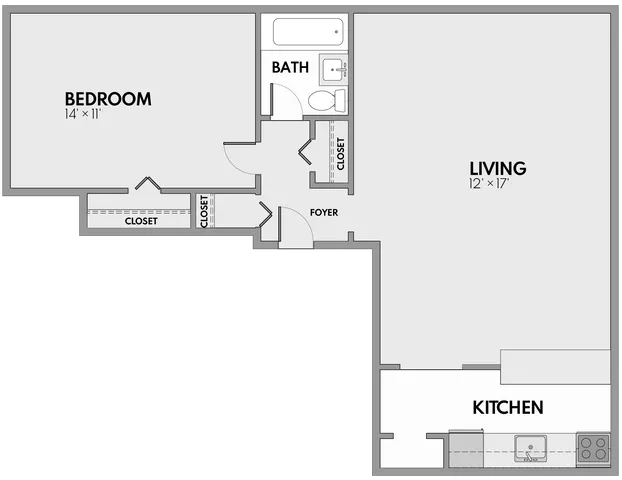 Chic floor plan showcasing a spacious bedroom, a modern living area, and a functional kitchen. Includes a cozy bath and ample storage with multiple closets.