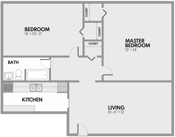 Modern apartment floor plan with a master bedroom, a secondary bedroom, spacious living area, kitchen, and bathroom, designed for comfortable living.