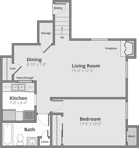 Inviting floor plan featuring a spacious living room with fireplace, cozy dining area, and convenient kitchen pass-through. Includes a large bedroom, modern bathroom, and ample storage space.