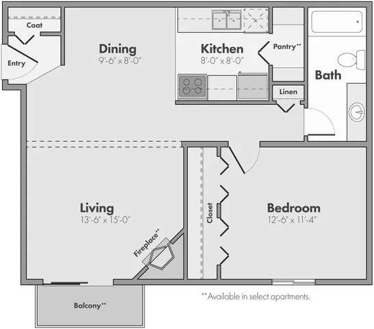 Chic floor plan featuring a spacious living area with fireplace, open dining space, modern kitchen with pantry, cozy bedroom, and bathroom with bathtub, plus balcony access.