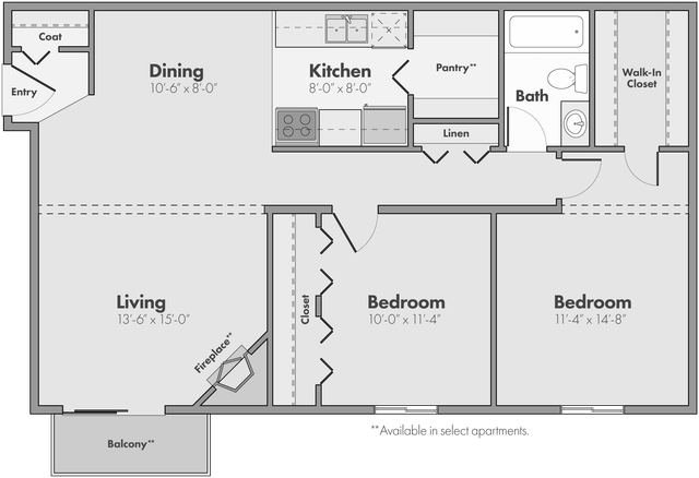 Charming 2-bedroom apartment floor plan with spacious living area, cozy dining space, modern kitchen, and private balcony. Includes walk-in closet and convenient coat closet.