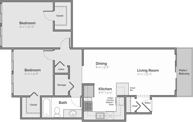 Modern 2-bedroom apartment floor plan featuring a spacious living room, dining area, stylish kitchen with a snack bar, and inviting patio balcony.