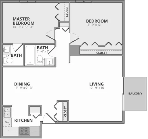 Modern floor plan showcasing a spacious 2-bedroom layout with a master suite, open dining and living area, and a charming balcony.