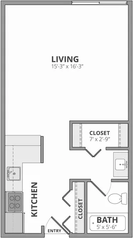 Modern studio apartment floor plan featuring an expansive living area, sleek kitchen with entry access, and a well-organized bathroom with closets.