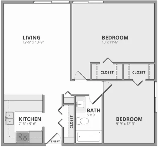 Modern 2D floor plan with 2 bedrooms, spacious living area, convenient kitchen, and ample closet space.