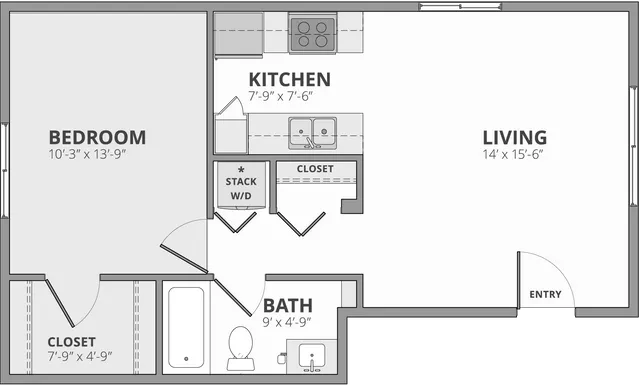 Modern floor plan showcasing one spacious bedroom, an open living area, a sleek kitchen, and a well-appointed bath.