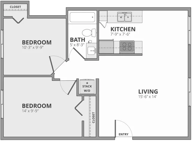 Modern 2D floor plan featuring 2 spacious bedrooms, a stylish kitchen, cozy living area, and well-designed bathroom.