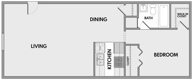 Modern floor plan highlighting a spacious living and dining area, functional kitchen, cozy bedroom with walk-in closet, and a well-appointed bath.