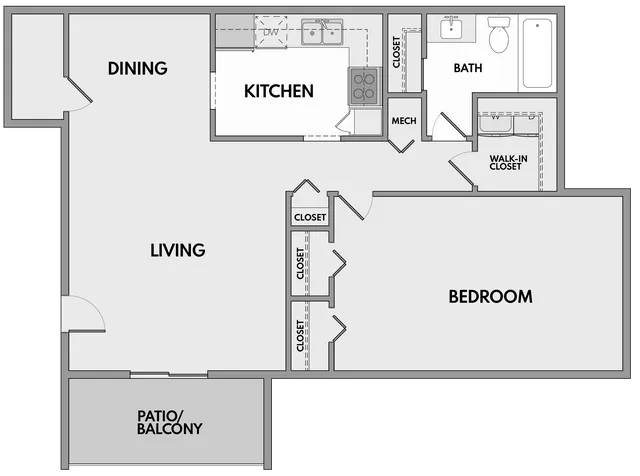Modern floor plan featuring 1 bedroom with a walk-in closet, spacious living and dining areas, well-equipped kitchen, and a cozy patio/balcony.